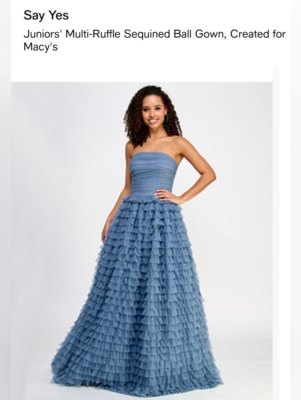 Say Yes Juniors' Strapless Multi-Ruffle Sequined Ball Gown in Dusty Blue